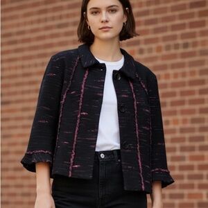 Andria Lieu Collection Black Pink Textured Cropped Jacket 3/4 Sleeves Buttons L